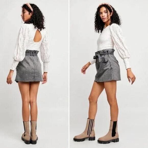 Free People East Of Eden Paperbag Denim Skirt In Washed Black Size 26 - Picture 2 of 9